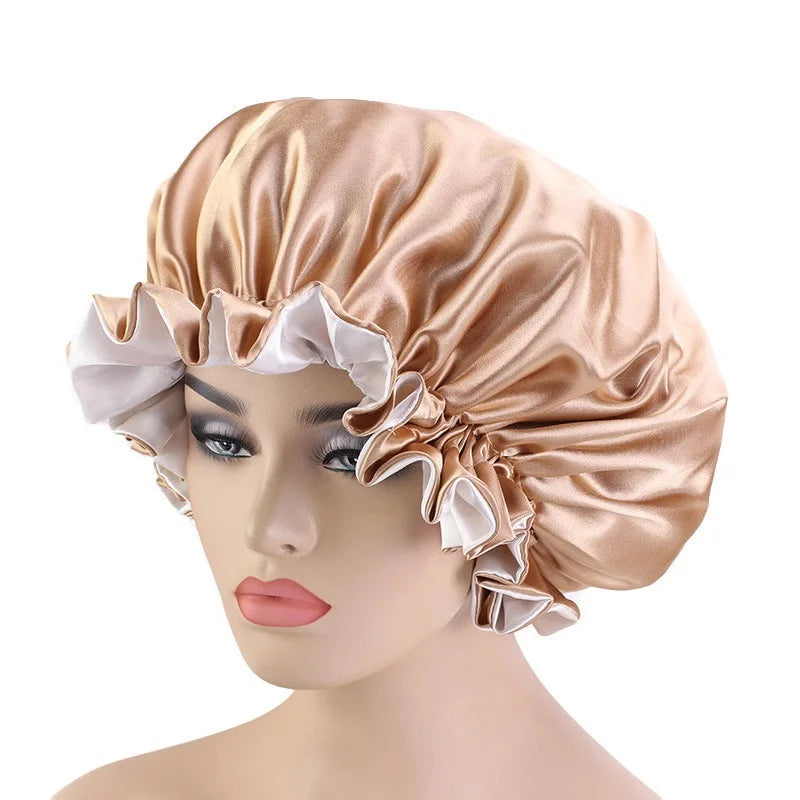 Lady Silk Night Sleep Hats Double Layer Head Cover Fashion Shower Cap Adjustable Silk Satin Bonnet For Women