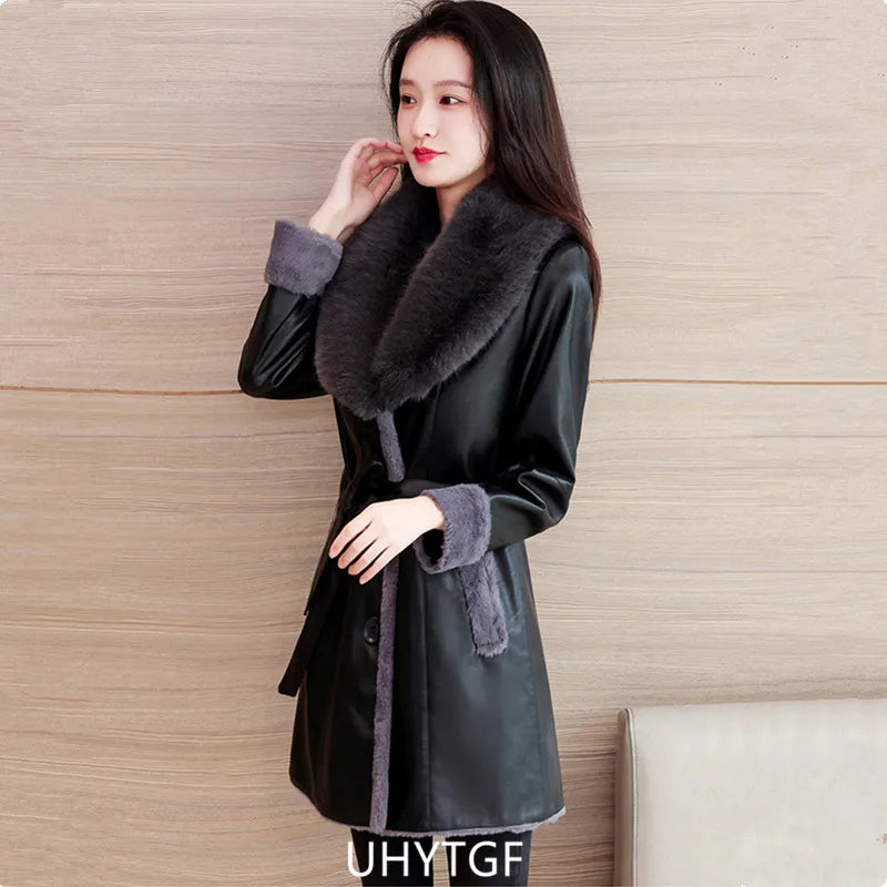 Winter Leather Jacket Women's Fashion Fur Collar Black Casual Warm Coat Female Quality PU Leather Overcoat Ladies