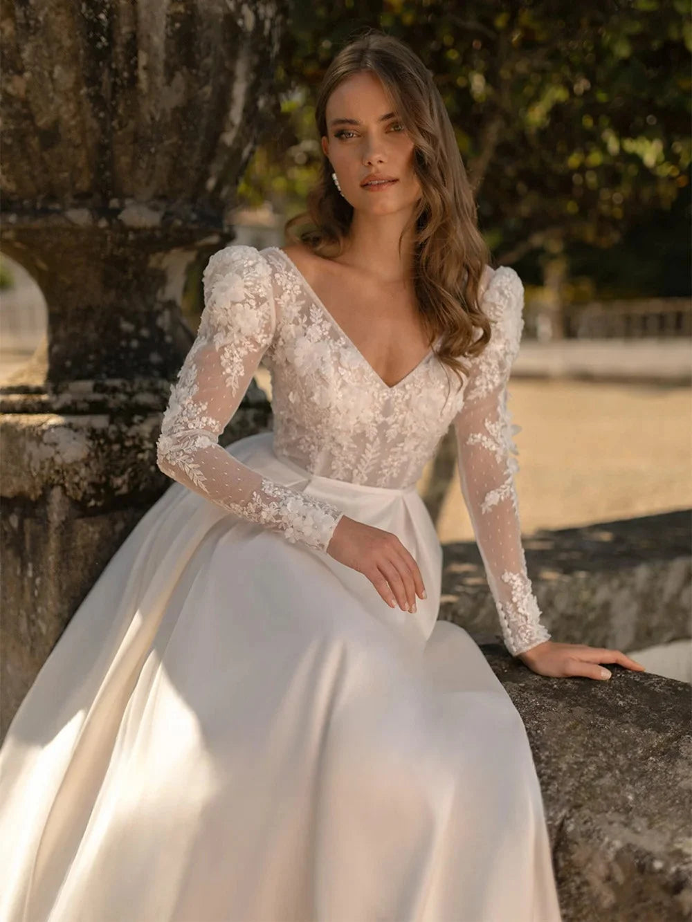 Wedding Dress for Lady Customized High Neck Long Sleeves Sequined Applique Draped A Line Satin Bridal Gown for Bride