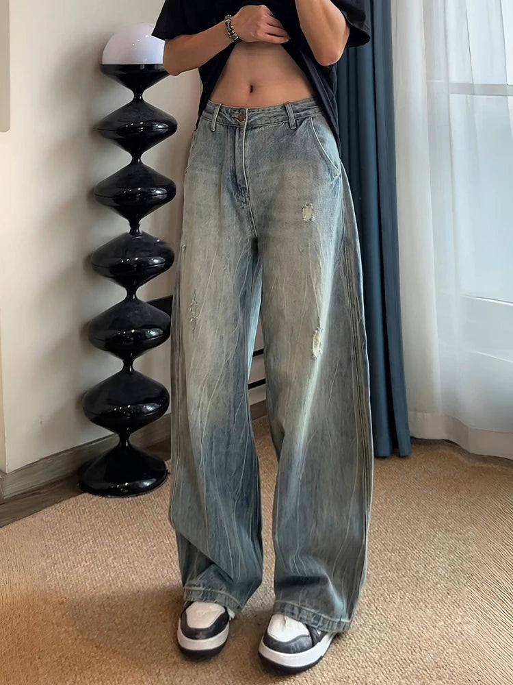 American Lightning Texture Ripped Denim Jeans Straight Leg Wide Leg Loose Fit Casual Summer Jeans for Men And Women