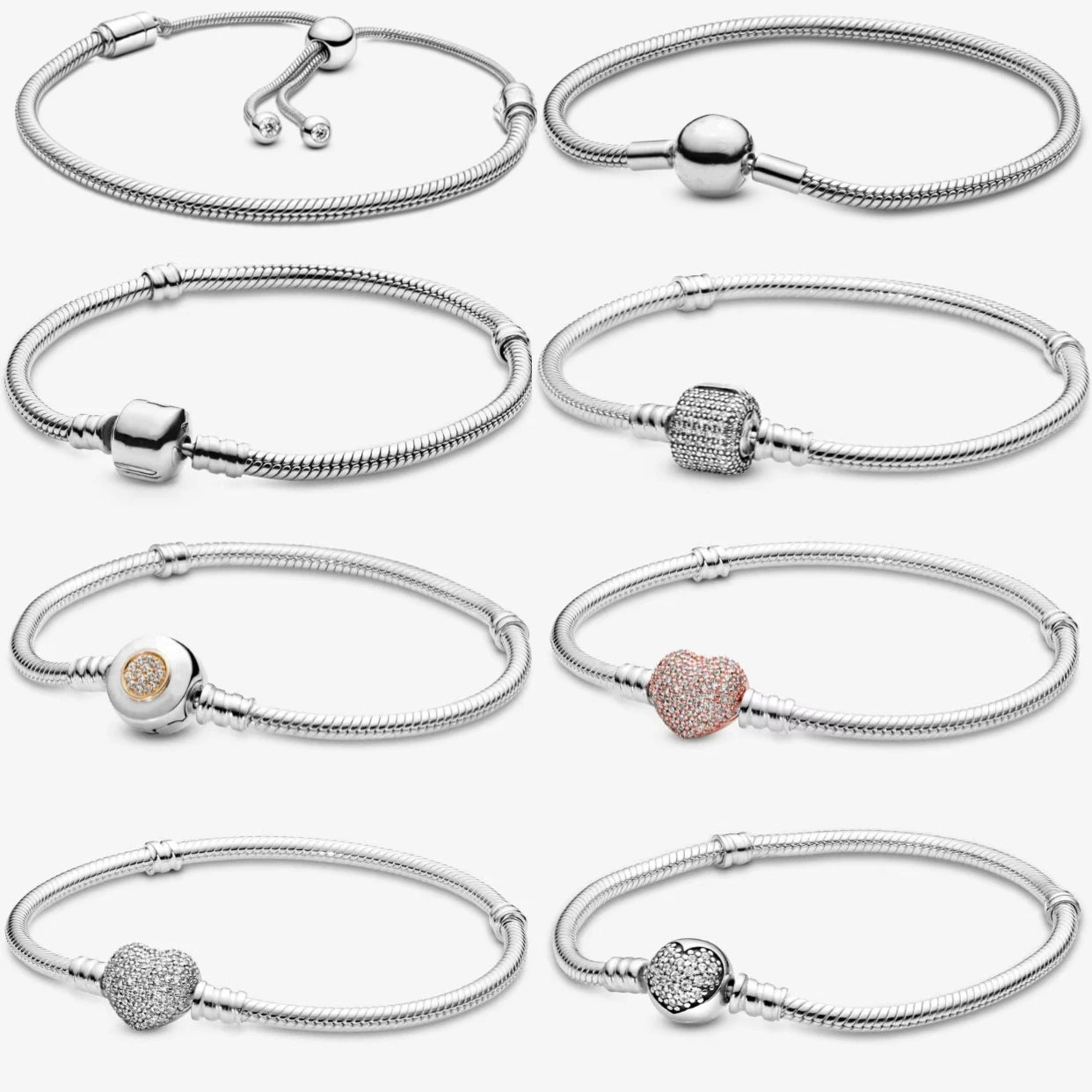 Hot Sale 925% sterling silver original heart-shaped square round clasp snake chain charming bracelet fien jewelry for women