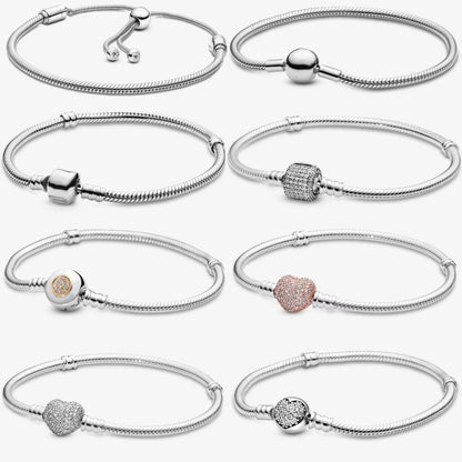 Hot Sale 925% sterling silver original heart-shaped square round clasp snake chain charming bracelet fien jewelry for women