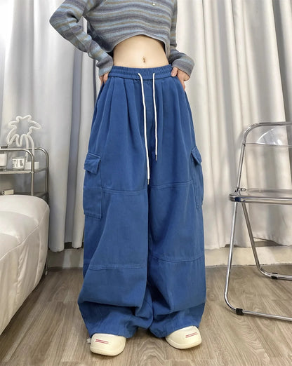 Deep Blue Pure Cotton Work Trousers Loose Wide Leg Floor-Length Women's Style Spring Summer Casual Pants Trendy Fashion