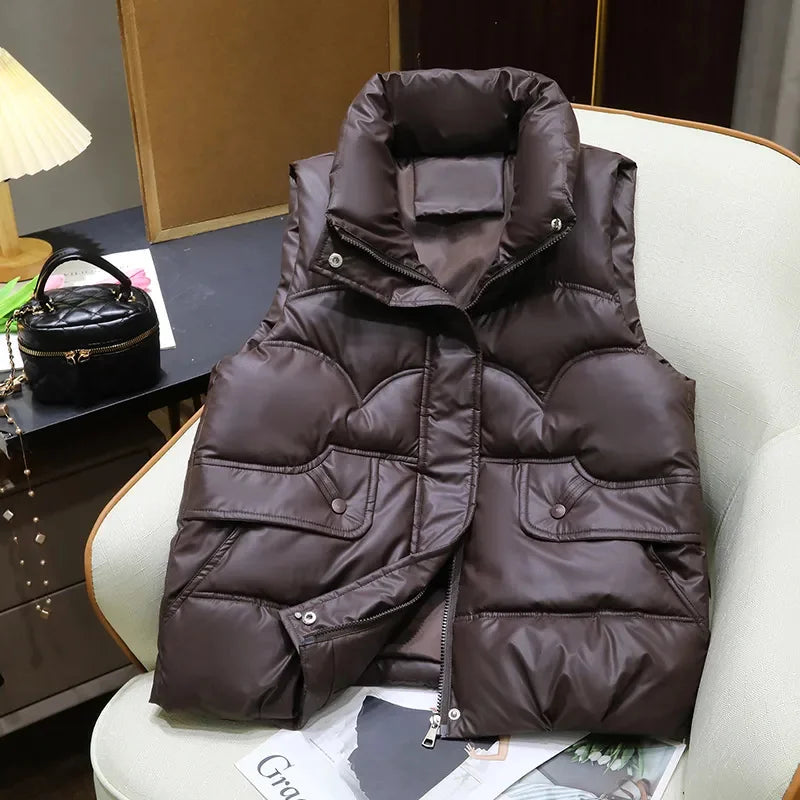 Down Cotton Vest Women 2025 New Autumn Winter Fashion Stand Collar All-Match Warm Sleeveless Waistcoat Jacket Ladies Female Tops