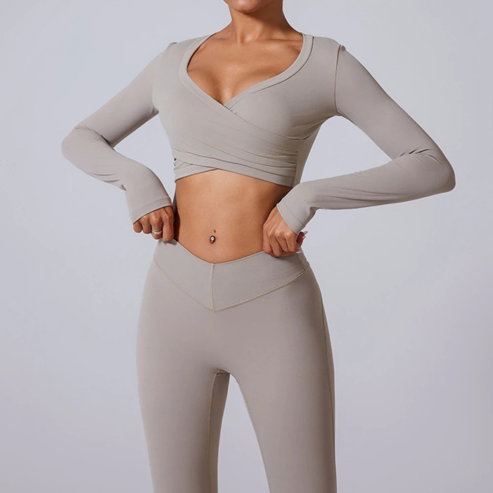 2 Pieces Wrap Front Gym Fitness Suit Women Long Sleeve Legging Workout Yoga Set Sports Bra Short Sports Clothes Tracksuit Female