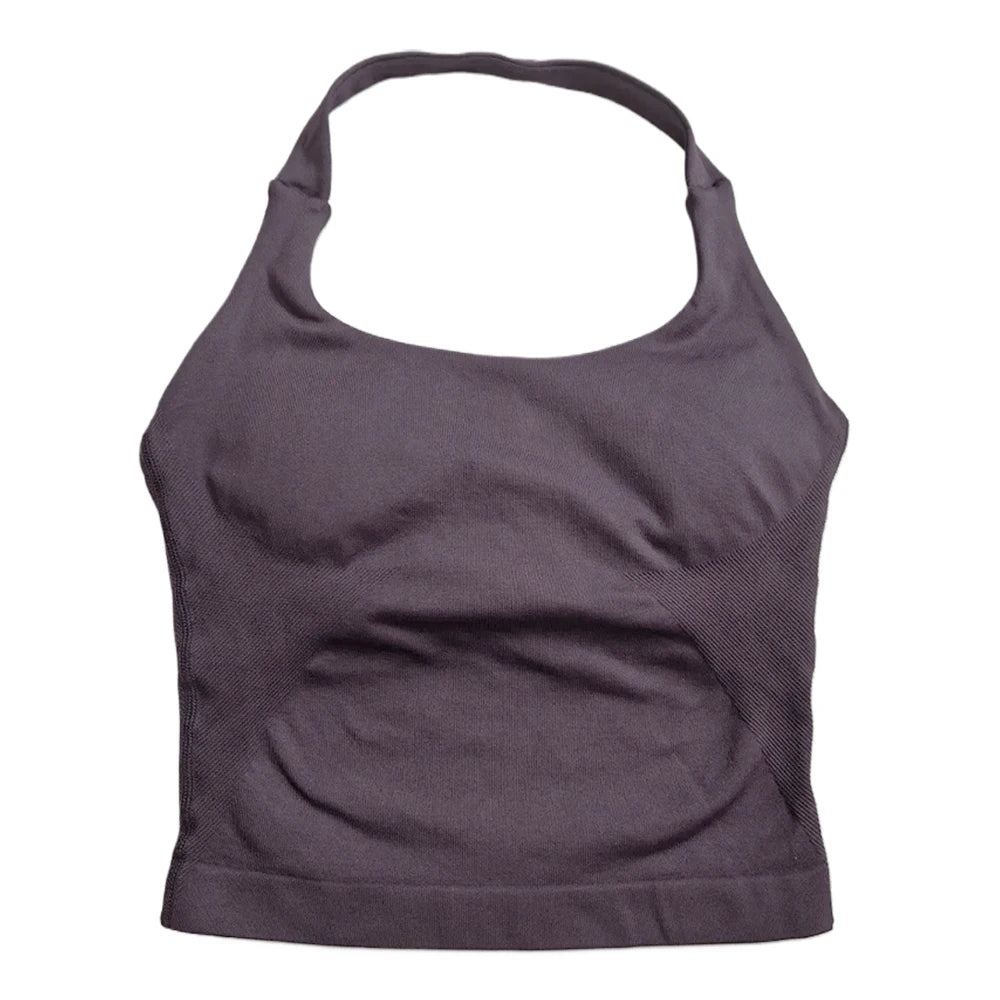 Gym Top Women Clothes Strappy Workout Tank Top Padded Sports Bra Backless Yoga Shirts Seamless Gym Crop Top Halter Fitness Vest