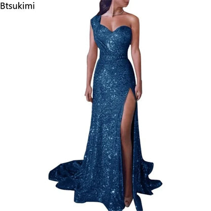 2025 Women's Wedding Party Dress Evening Elegant Sexy Deep V Neck One Shoulder Sleeveless Sequined Long Maxi Dresses For Women
