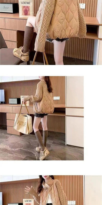 Stand Collar Sweater Sleeve Splicing Down Cotton Jacket Women Autumn Winter Warm Down Cotton Parkas 2025 New Female Fashion Coat