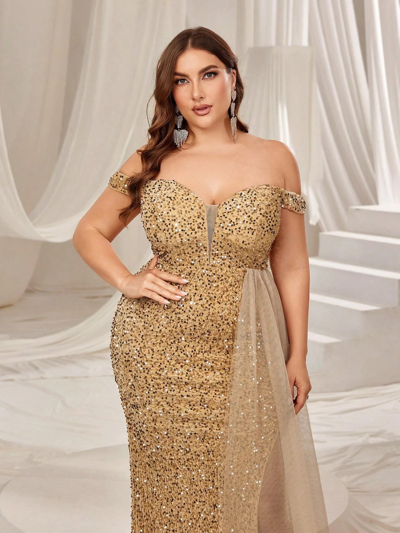 Plus Size Off Shoulder Contrast Mesh Draped Sequin Formal Dress