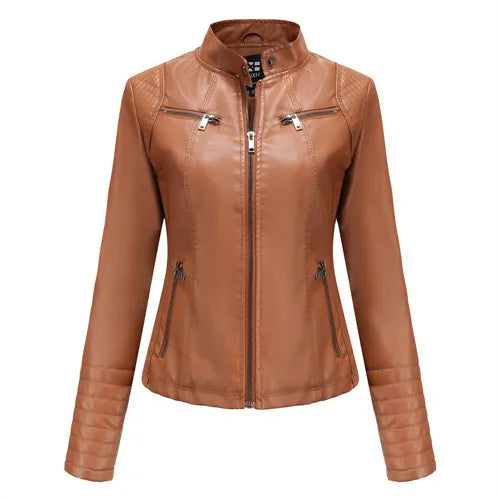 Women's Slim Leather Jacket, Stand-up Collar, Zipper Stitching, Monochromatic Coat, Fashion Clothing, New