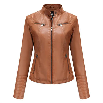 Women's Slim Leather Jacket, Stand-up Collar, Zipper Stitching, Monochromatic Coat, Fashion Clothing, New