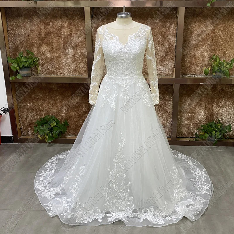 RODDRSYA Elegant O-Neck Wedding Dress Lace Up A-Line Applique Tulle Long Sleeves Beach Bride Gowns vestidos de novia Customized