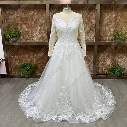 RODDRSYA Elegant O-Neck Wedding Dress Lace Up A-Line Applique Tulle Long Sleeves Beach Bride Gowns vestidos de novia Customized