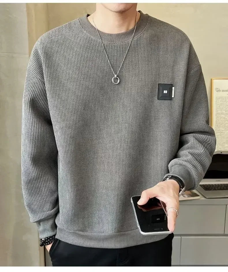 Loose round Neck Texture Pattern Men's Hoodie Solid Color Casual Autumn Wear Comfortable Breathable Street Style Sweatshirt