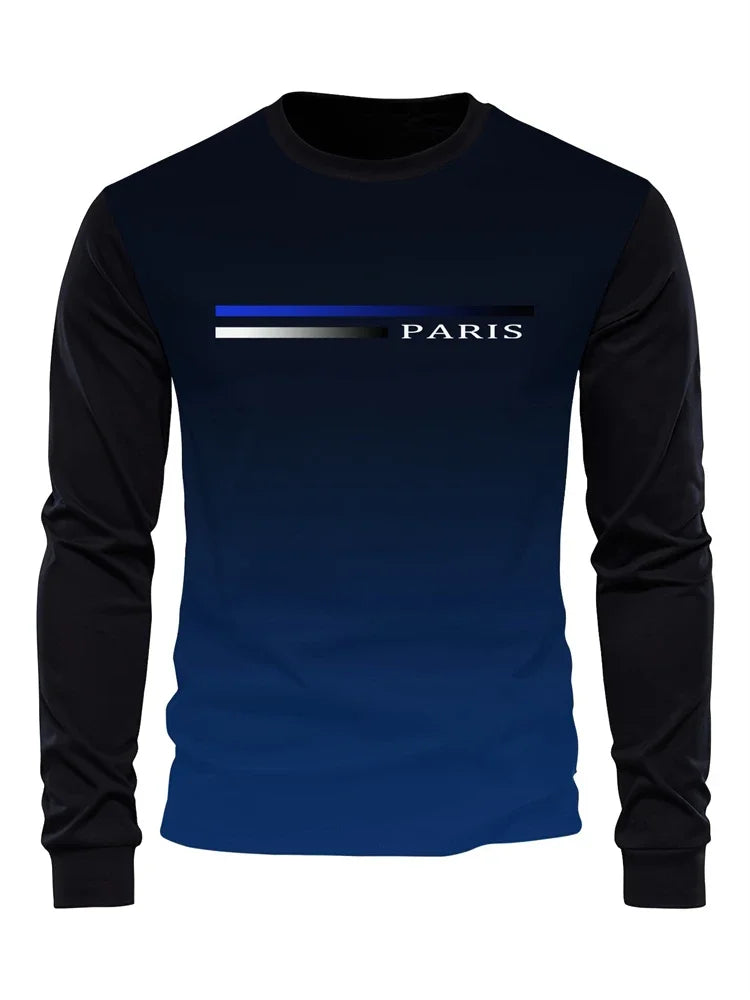 Men's Spring And Fall Fashion Casual Long-sleeved T-shirt Loose PARIS Letters Printed Pullover Round Neck Long Sleeve Sweatshirt