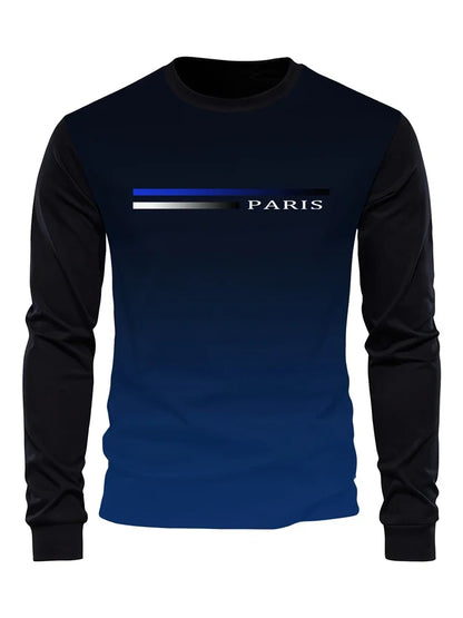 Men's Spring And Fall Fashion Casual Long-sleeved T-shirt Loose PARIS Letters Printed Pullover Round Neck Long Sleeve Sweatshirt