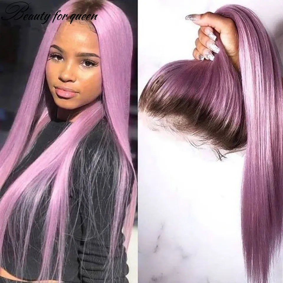 Straight Pink With Dark Roots Wigs Lace Front Human Hair Wigs For Women Transparent Lace Frontal Wigs Brazilian Hair Pre Plucked