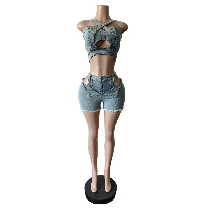 2 Piece Sets Women Denim Shorts Suit Sexy Vest Top Strap Backless Jeans Short Pants Pockets Outfits 2025/2026 Streetwear Ensemble