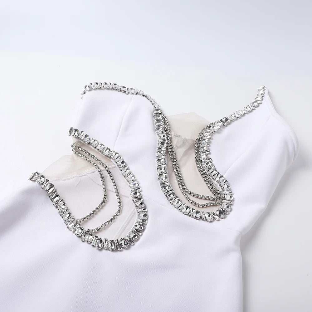 Women Mermaid Sexy White Sleeveless Bandage Long Dress Mesh Backless Strapless Diamonds Bodycon Party Evening Wedding Gowns