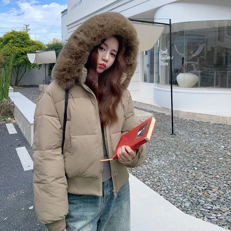 Casual Warm Fur Hooded Cropped Parkas Chic Streetwear Korean Style Down Cotton Coat Thicken Short Women's Winter 2025 Jacket