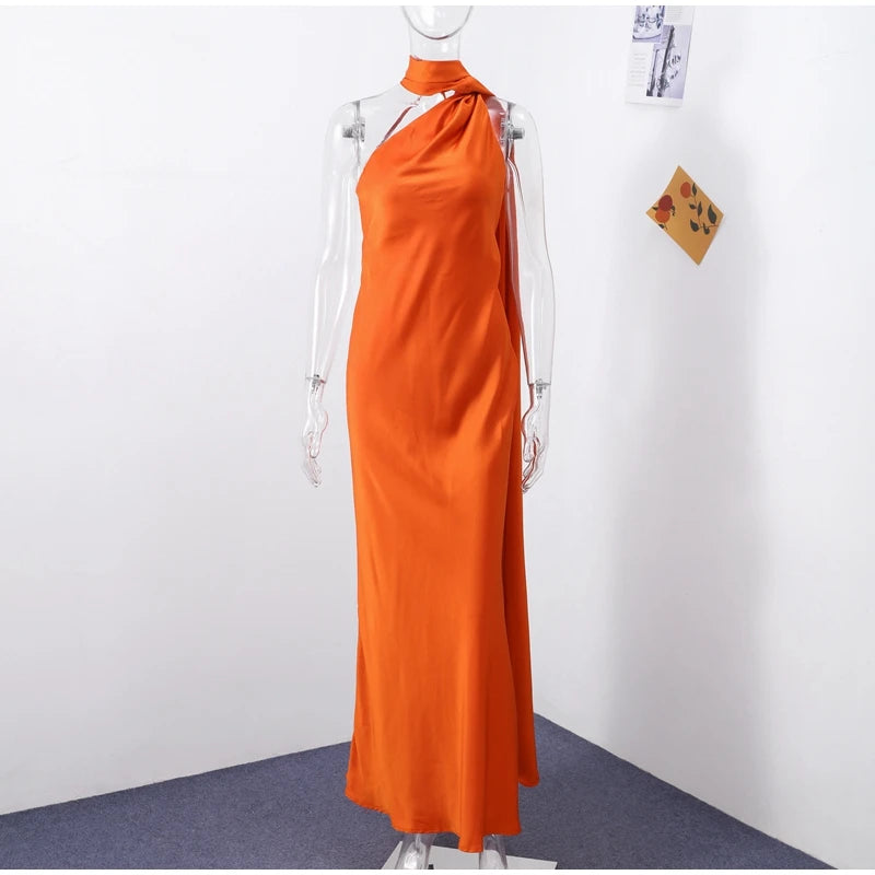 Elegant Ribbon Halter Dress Women Solid Off Shoulder Sleeveless Backless Slim Maxi Dresses 2026 Summer Autumn Party Robes Lady