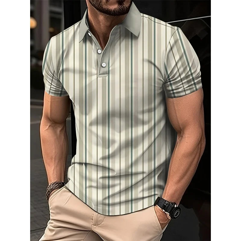 3D Print Stripes Color Block Polo Shirt For Men Colorful Pattern T-Shirts Summer Loose Street Lapel Top Button Short Sleeve Tees