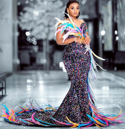 Sparkle African American Prom Dresses Mermaid Sequins Feather Black Girls Nigeria Saudi Arabia Evening Dresses Gown Customized