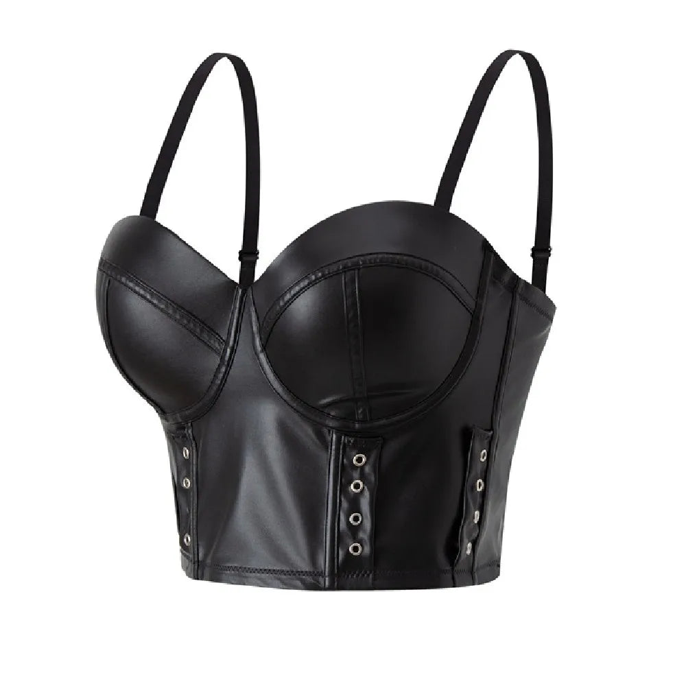 Stylish Wowen PU Leather Corset Imitation Leather Festival Clothing Bustier Lady Cropped Top Girls Punk Rock Club Party Camis