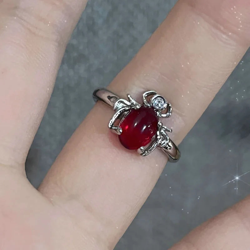 Irregular Red Crystal Glass Heart Aesthetic Rings For Women Y2K Gothic Animal Spider Ring Creative Grunge Jewelry Accessories