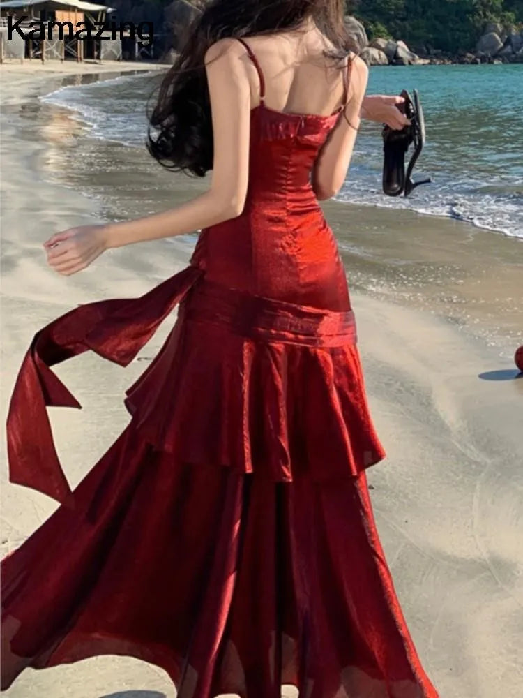 Sexy Solid Spaghetti Strap Sleeveless Evening Dresses Elegant Ruffles Party Long Dress For Women Summer Slim Beach New Vestidos