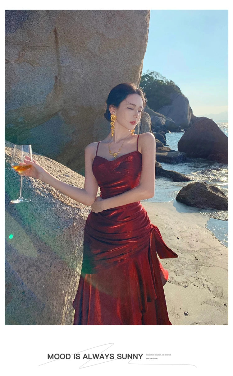 Sexy Solid Spaghetti Strap Sleeveless Evening Dresses Elegant Ruffles Party Long Dress For Women Summer Slim Beach New Vestidos