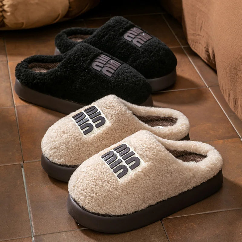 New plush cotton slippers for women, autumn and winter indoor thick sole with plush anti slip slippers, thickened cotton slipper