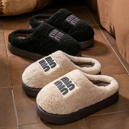 New plush cotton slippers for women, autumn and winter indoor thick sole with plush anti slip slippers, thickened cotton slipper