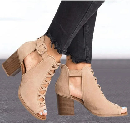 Wish2025 Summer New Roman Fish Mouth Hollow out Large Size 43 Buckle Sandals Thick Heel High Heel Independent Station Shoes