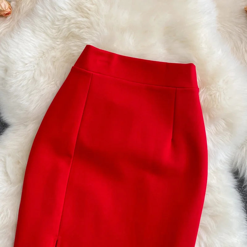 Women's Skirt Solid High Waist Work Pencil Skirt 2026 New Fashion Ladies Slim Fit Split Office OL Skirt Grey Red Black Skirts