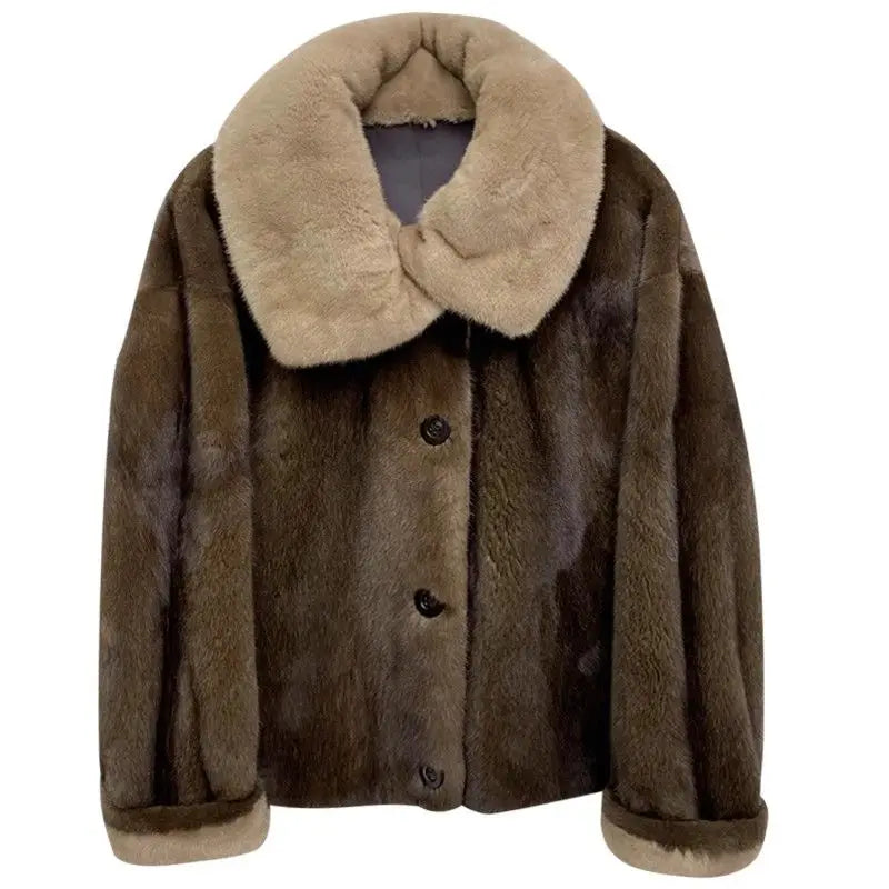 2025 New Coffee Colored Faux Mink Fur Spliced Lapel Fur Coat for Women Young and Loose