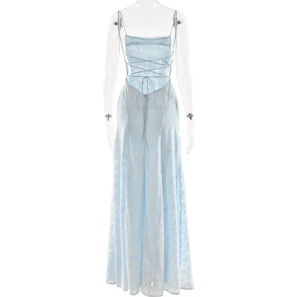 Chaxiaoa Spaghetti Strap Backless Sexy Maxi Dress Women Gown Fashion Off-shoulder Sleeveless Lace-up Evening Club Party Dress