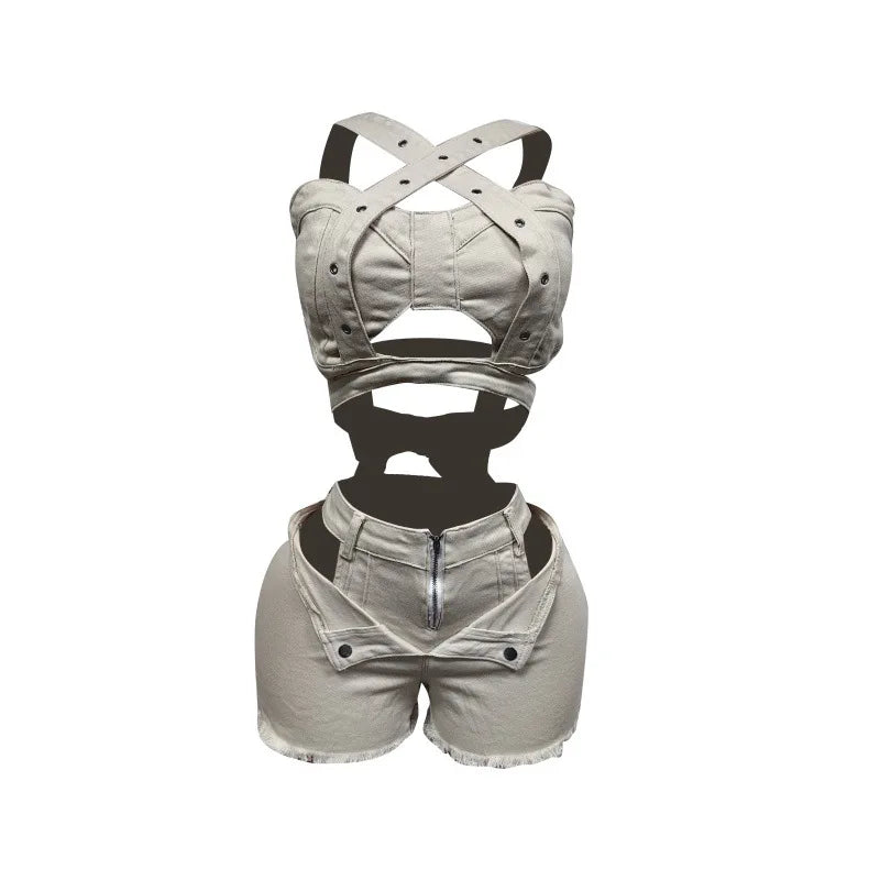 2 Piece Sets Women Denim Shorts Suit Sexy Vest Top Strap Backless Jeans Short Pants Pockets Outfits 2025/2026 Streetwear Ensemble