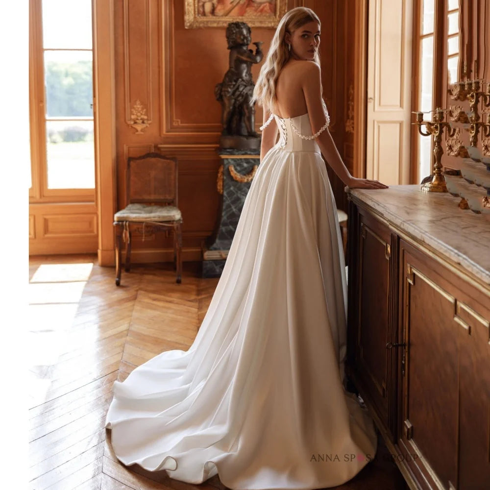 Classic Wedding Dresses Customized Elegant Off Shoulder Bride Dress Pearl Split A Line Lace Up Bridal Gowns New Vestido De Novia