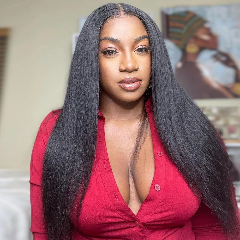 13x6 Kinky Straight Lace Front Human Hair Wig With Kinky Edges Baby Hair 360 Transparent Lace Yaki Straight Human Hair Wigs