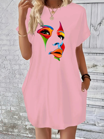 Women's Summer Loose Abstract Face Print Round Neck Short Sleeve Pocket Comfortable Casual Plus Size Dress