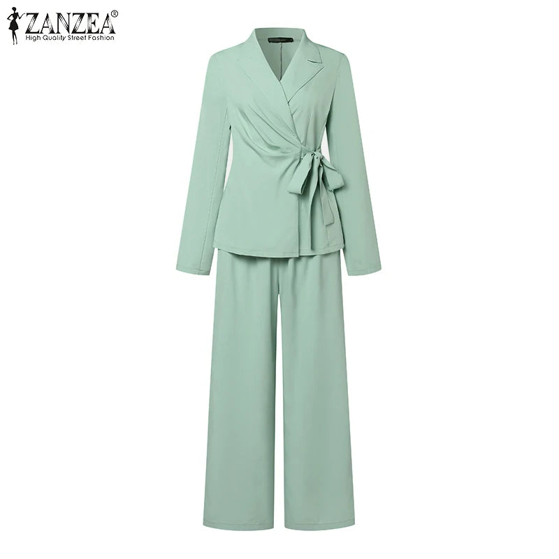 ZANZEA Elegant Office Lady Blazer Suits Women Classy Tied Waist Top and Pant 2pcs Outfit Streetwear Trend Commute Pant Sets 2025
