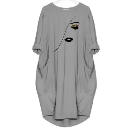 Women's Spring and Summer Sketched Portrait Pattern Printed Casual Fashion Loose Large Size Long Sleeve Pocket Dress