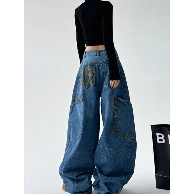 Retro Leopard Handle Joint Quge Denim New Design Sense Straight Wide Pants