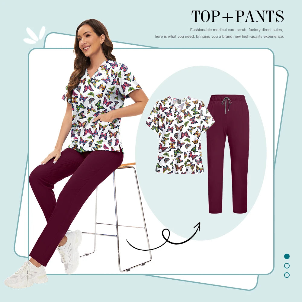 Scrubs Uniforms Sets High-quality Medical Scrub Multicolor Animal Printed Women Scrub Tops Medical Scrubs Uniform Nurse Lab Wear