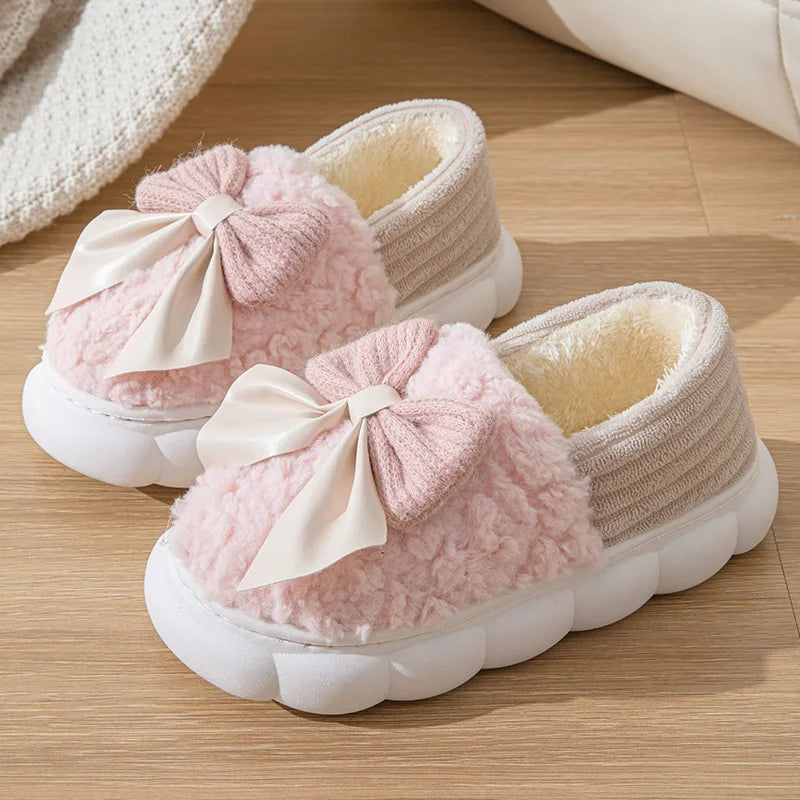 Cotton slippers for Women Autumn and Winter Thick Sole Indoor Home Warm Couples Shoes Bow Non-Slip Flat Platform Women's Slipper