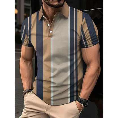 3D Print Stripes Color Block Polo Shirt For Men Colorful Pattern T-Shirts Summer Loose Street Lapel Top Button Short Sleeve Tees