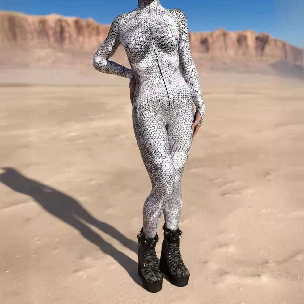 Women's Stylish Green Snake Print BodySuit New Halloween Adult Cosplay Jumpsuit Colorful 3D Printing Carnival Party Rave Outfits