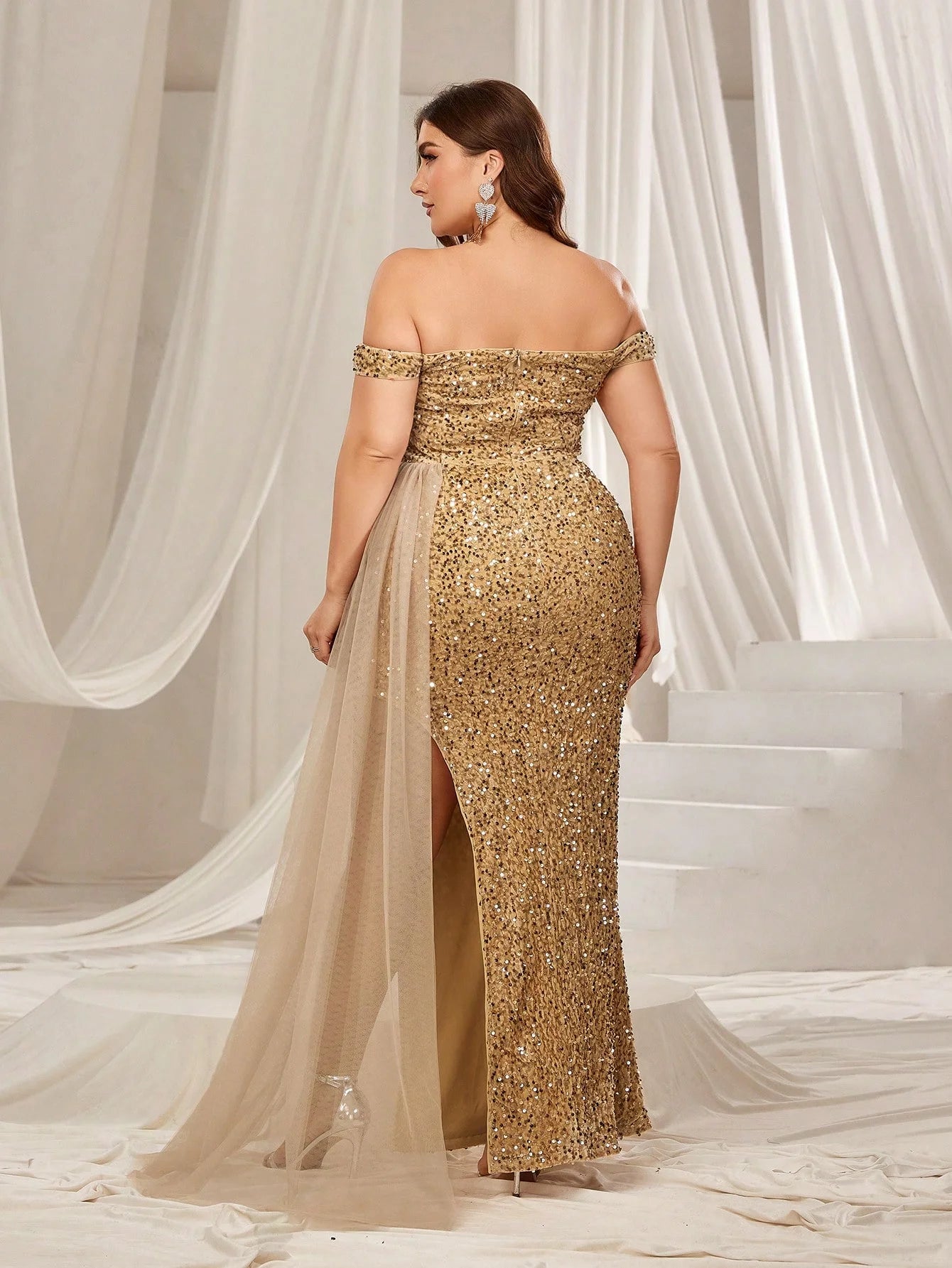 Plus Size Off Shoulder Contrast Mesh Draped Sequin Formal Dress