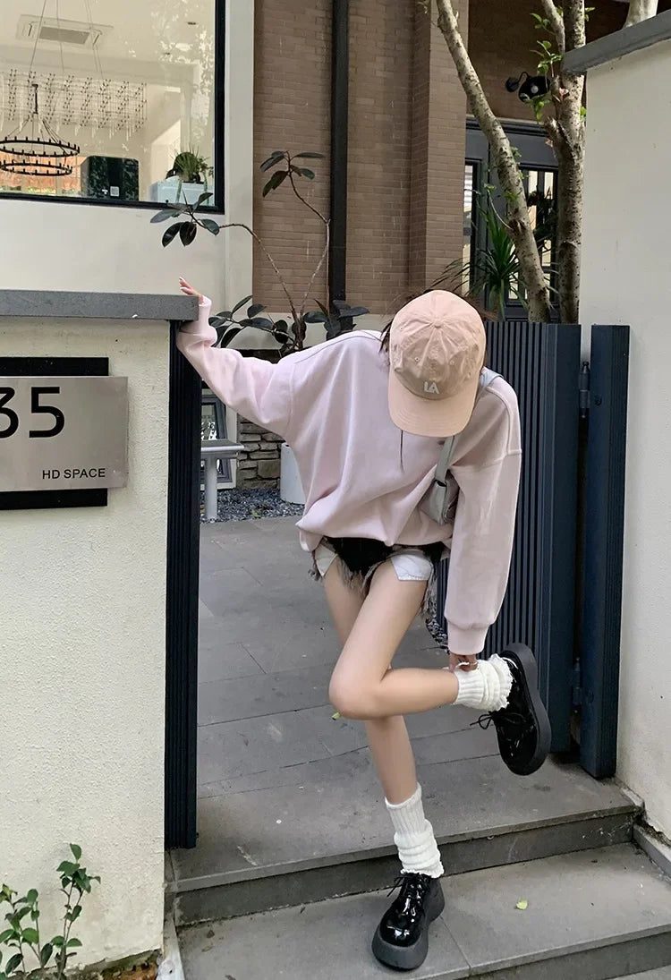 Light Pink Lettered Oversized Shoulder Sweatshirt Women's Full Sleeve round Neck Spring Autumn New Style Comfortable Casual Top